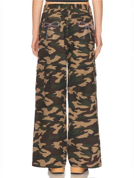 Sandy Liang Pants - Sandy Liang Sorano Bow Embroidered Wide Leg Cargo Pants in Camo